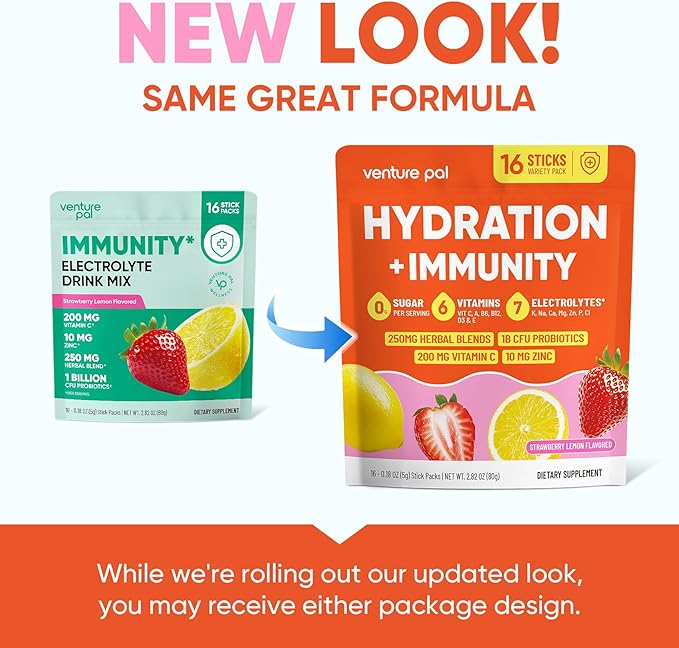 Venture Pal 2-in-1 Hydration + Immune Electrolytes Powder Packets with 7 Electrolytes & 6 Vitamins, Elderberry, Turmeric, Echinacea | Liquid Daily IV Drink Mix | Sugar Free | Keto Friendly, 16 Sticks