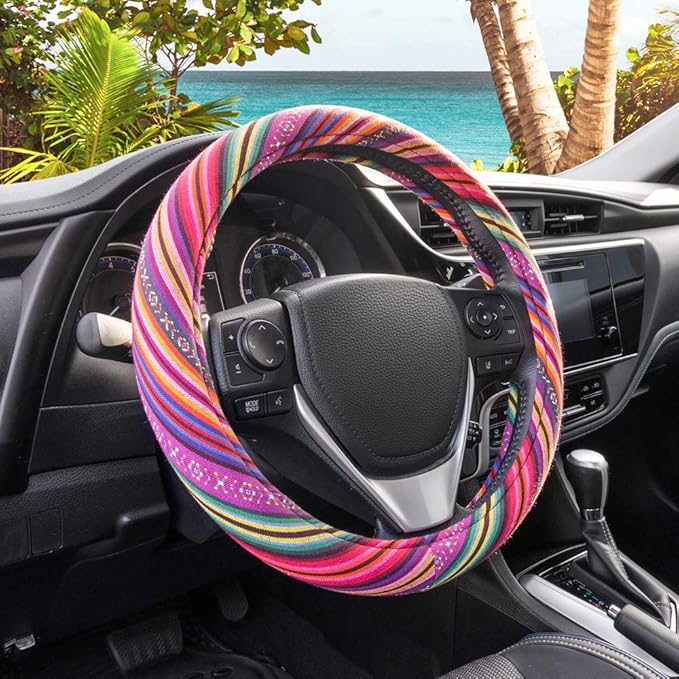 Carbella Pink Woven Boho Bohemian Hippie Saddle Blanket Style Steering Wheel Cover for Women - Fits Most Standard Wheel Sizes 14.5 - 15 inch Woven Style - Light Stripes
