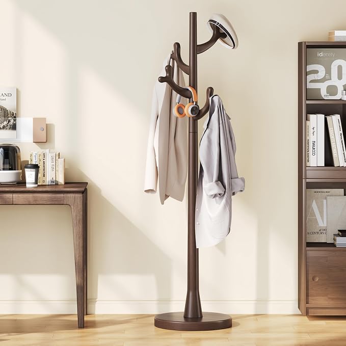 Uniclinens Coat Rack Freestanding Solid Wood Coat Tree Standing with 4 Hooks, Coat Rack Stand Creative Tree Branch-look (Dark Walnut)