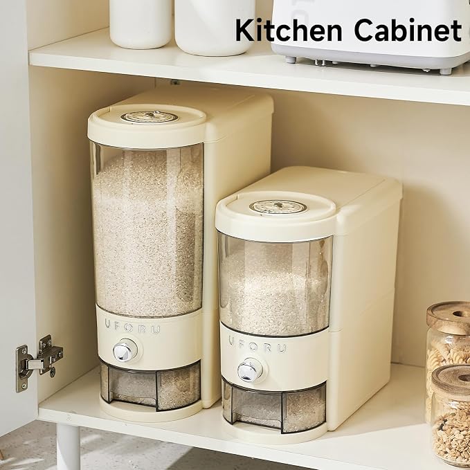 UFORU Rice Dispenser 20 lbs | Large Rice Storage Container for Kitchen&Pantry - Space-saving, Moisture & Pest-proof, BPA-Free - Dry Food Dispenser with One-Touch Dispenser & Measuring Cup for Families