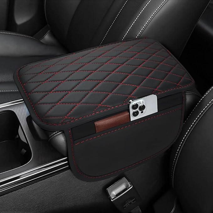 Car Center Console Cover for Honda CRV 2017 2018 2019 2020 2021 2022, Universal Waterproof Leather Armrest Box Pad Armrest Cover Cushion Interior Accessories with 2 Storage Bags,B/Black-Red