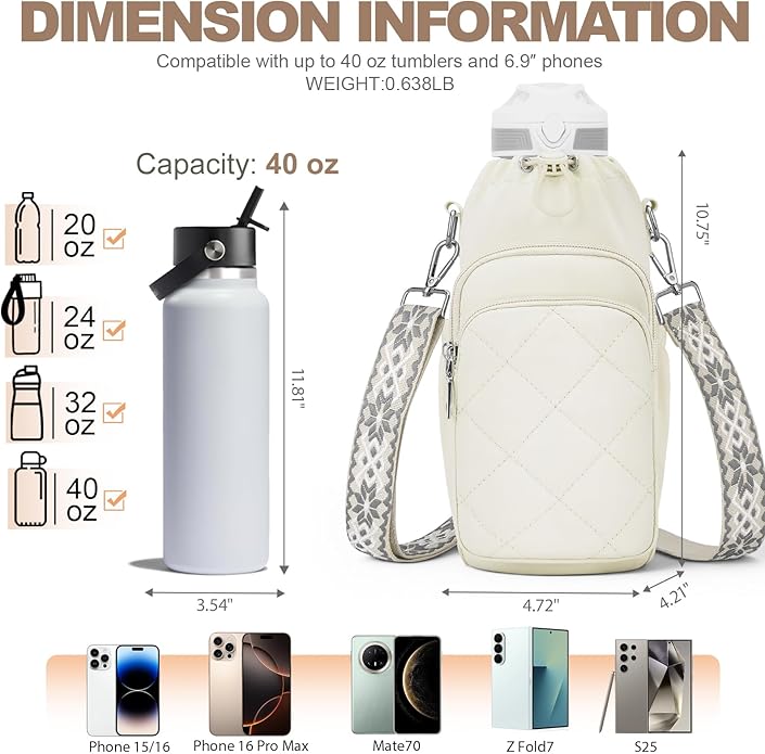 Water Bottle Bag Crossbody，Insulated Water Bottle Purse Crossbody Water Bottle Holder with Strap 40 oz