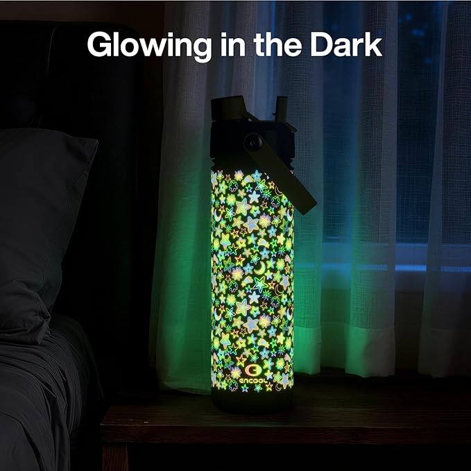 ENCOOL Insulated Water Bottle with Straw Stainless Steel Water Bottle, Glow in the Dark, Leak-Proof, BPA-Free, Keeps Cold for 24 Hours for Sports, Travel, School (26 oz, Neon Galaxy)