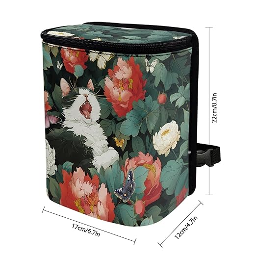 Floral Cat Butterfly Car Trash Can, Peony Flower Pattern Car Garbage Bin for Vehicle Interior Organization