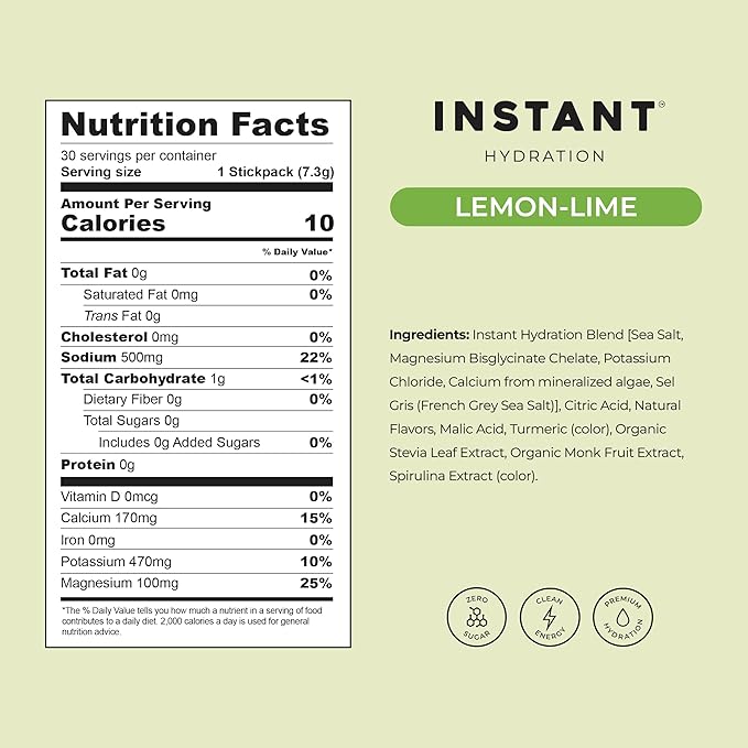 Instant Hydration Electrolytes Powder Packets - Lemon Lime Drink Mix - Zero Sugar - Keto, Vegan, Gluten-Free, Non-GMO - Boost Recovery, Brain Health, Muscle & Tissue Support- 30 Sticks