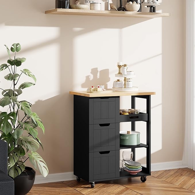 SUNLEI Kitchen Island with Storage Cart Rolling Coffee Small Butcher Block Table Microwave with 3 Drawers on Wheels Station Portable Mobile Narrow Moveable Utility Counter Wood Top Spaces Bar Food