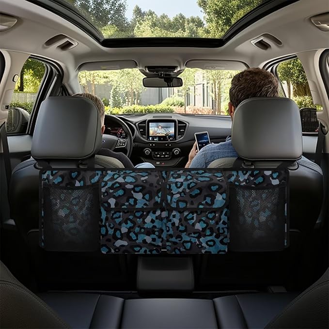 Blue Leopard Backseat Trunk Organizer Waterproof Hanging Car Storage Bag with 4 Pockets & Buckle Straps, Universal Fit Automotive Accessories for SUV Truck Van