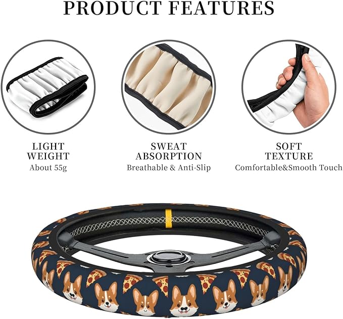 Corgi Pizza Cute Funny Dog Universal Fit Steering Wheel Cover for Car, Truck, and SUV, Durable Steering Wheel Protection