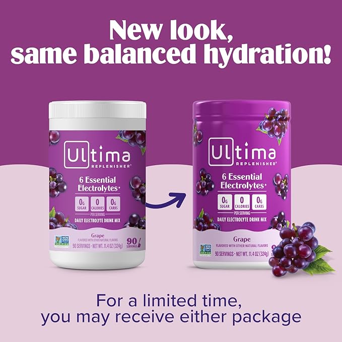 Ultima Replenisher Daily Electrolyte Powder Drink Mix – Sugar Free – Grape, 90 Servings – Hydration Powder with 6 Key Electrolytes and Trace Minerals – Keto Friendly, Vegan, Non-GMO