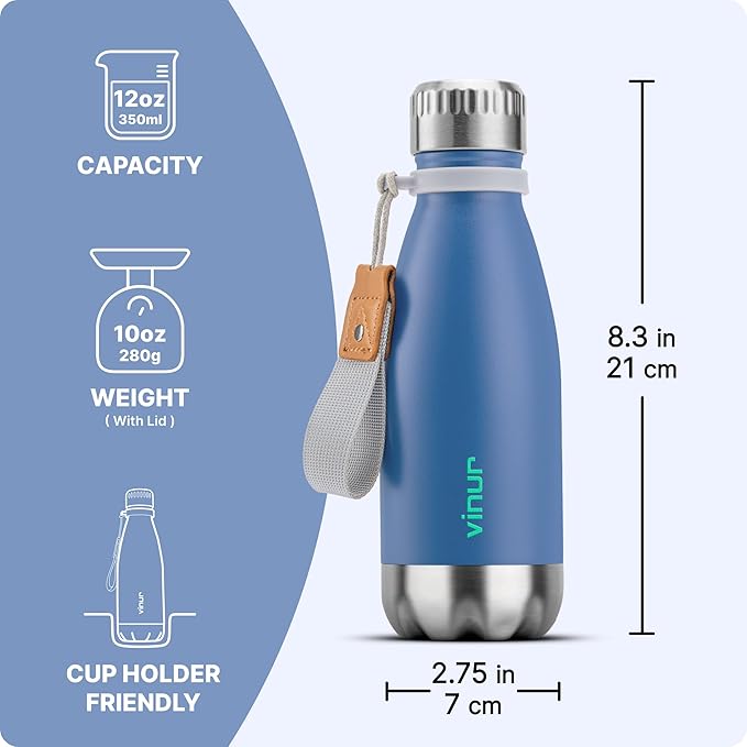 VINUR Kids Water Bottle-12 oz Stainless Steel Double Wall Vacuum Insulated Water Bottle for School-Cola Shape Flask with Carry Rope(Royal Blue)