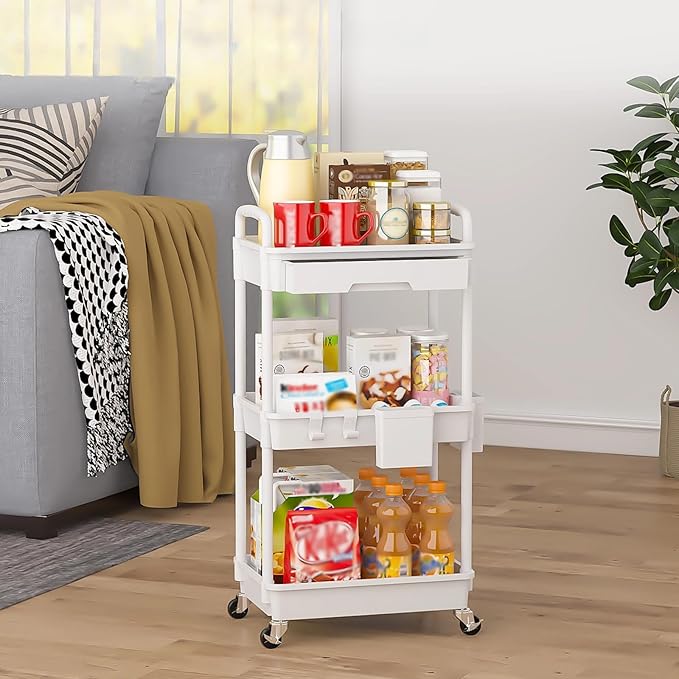 3 Tier Rolling Utility Cart with Drawer, Plastic Storage Organizer Rolling Carts with Wheels Handles Hanging Cups Hooks for Office, Bathroom, Kitchen,Craft Art Room (White)