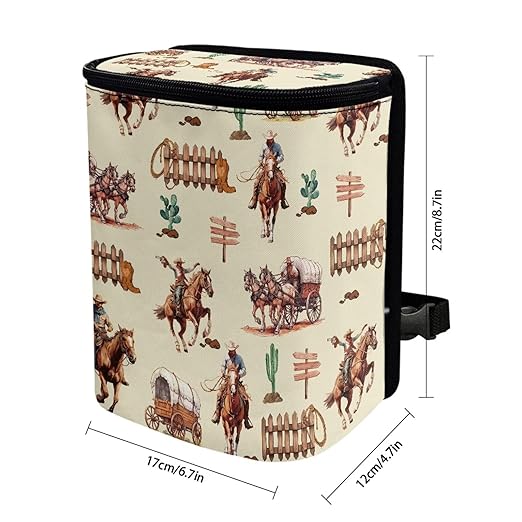 Western Cowboy Car Trash Can Southwest Aztec Native Cow Mini Auto Garbage Bin with Lid Leak Proof Hanging Car Rubbish Bags Automotive Organizer Accessory for Back Front Seat