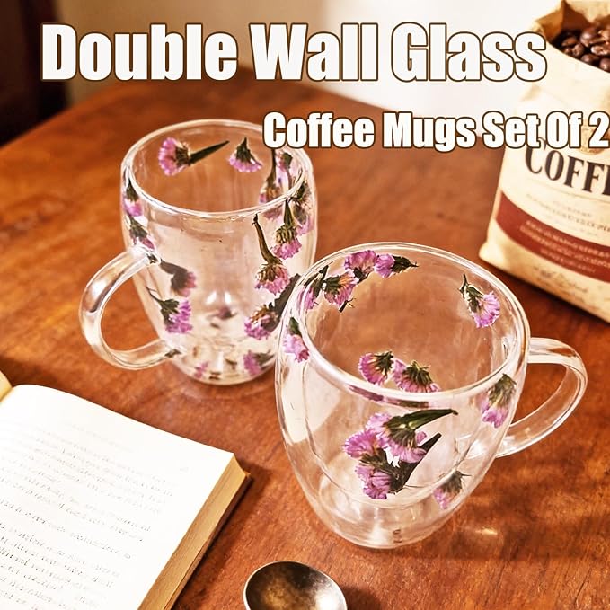 Viovian 13oz Double Wall Glass Coffee Mugs Set of 2 Insulated Glass Coffee Cups with Handles,Clear Dried Flower Tea Mug for Hot Beverages,Tea Cup Women Birthday Gifts