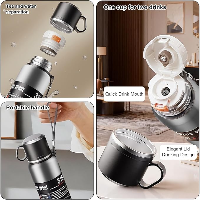 Double wall vacuum Leakproof stainless steel wide mouth insulated water bottle;tea tumbler with tea strainer infuser basket,cup and lid; travel coffee thermoses hot drinks;portable cold thermal flask