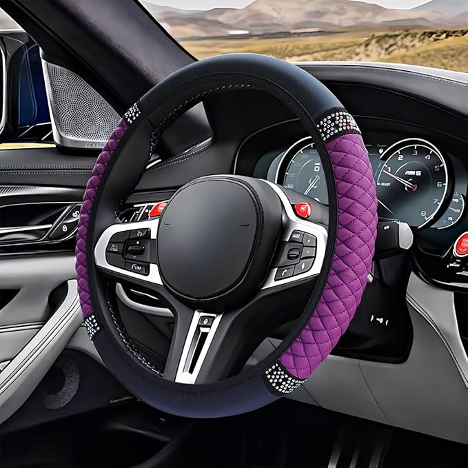 Bling Soft Leather Steering Wheel Cover, 15" Anti-Slip Sparkly Crystal Auto Elastic Steering Wheel Protector for Women Girl, Colorful Diamond Car Interior Accessory for Most Cars (Purple)