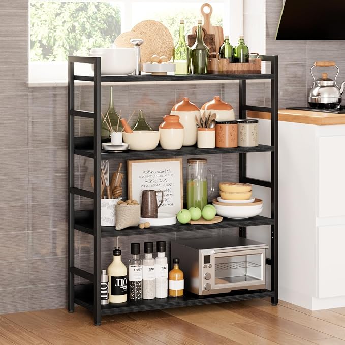 NUMENN 4 Tier Wide Bookshelf for Living Room and Home Office, Black | Bookshelves, Home Office Bookcase Shelf Storage Organizer, Free Standing Storage Shelving Unit for Bedroom