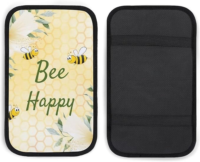 Bee Happy Bumble Bees Yellow Honeycomb Car Center Console Cushion Pad,Waterproof Armrest Seat Box Cover Protector,Comfortable Car Decor Accessories Fit for Most Cars, Vehicles, SUVs