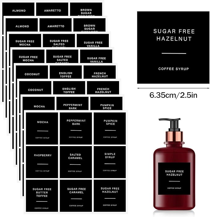 72pcs Coffee Syrup Labels for Glass Bottles, Coffee Labels Stickers for Coffee Bar and for Syrup Dispenser Drinking Bottle Glass Cups Organization, Black