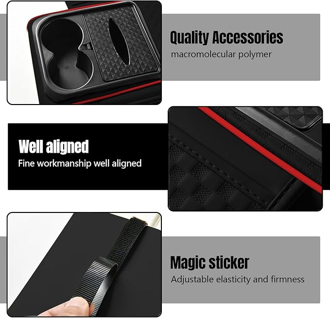 Hovom Car Center Console Armrest Pillow, 13.78"×7.48"×2.76" Leather Arm Rest Cover for Cars, Multifunctional Auto Armrest Cushion Pad with Pocket, Tissue Box & Cup Holder, Car Accessories (Black+Red)