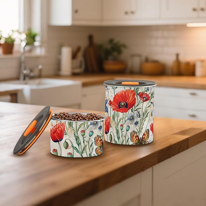 ALAZA Red Poppy Flowers Butterfly Airtight Coffee Bean Canister 900ml Food Storage Containers with Lids For Gournd, Tea, Sugar, Flour, Rice, Cereal, Candy Cookie Jar