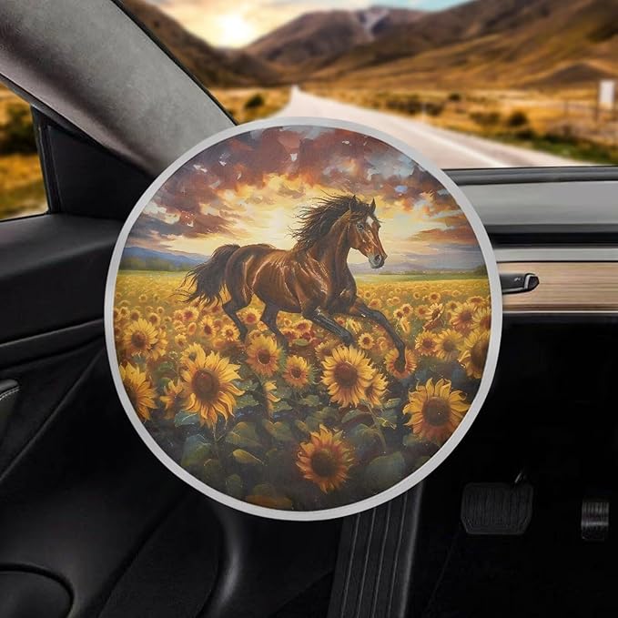 Steering Wheel Sun Shade Fit Most Car Truck SUV Van Block UV Rays Vehicle Steering Wheel Protector Interior Accessories, Sunset Glow Sunflower Running Horse Pattern
