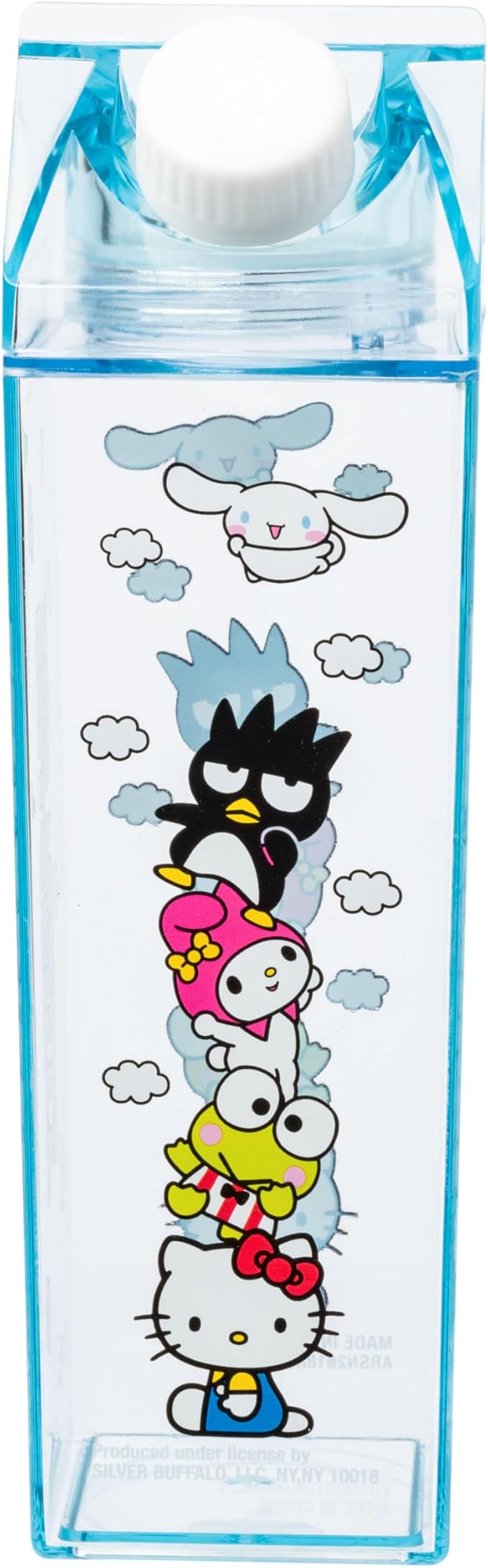 Silver Buffalo Sanrio Hello Kitty and Friends Featuring Cinnamoroll, Badtz-Maru, My Melody, and Keroppi Plastic Milk Carton Pitcher Bottle, 16.2 Ounces