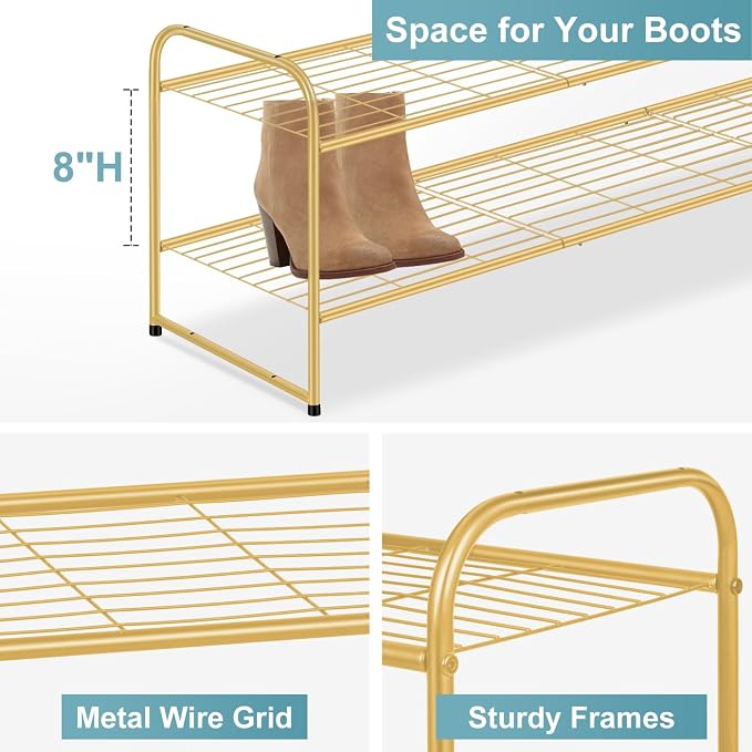 AOODA Long 2 Tier Shoe Rack for Closet Metal Wide Stackable Shoe Storage Organizer for Entryway, Bedroom, Floor, 18-Pairs Low Sneaker Shelf, Golden