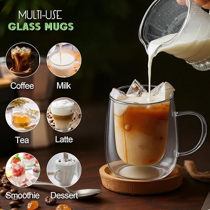 Glass Coffee Cups Set of 2, 13oz Double Walled Glass Mugs with Handles, Clear Insulated Coffee Mug Espresso Cups, Cappuccino Latte Tea Cups Set, Heat Resistant Borosilicate Clear Glasses