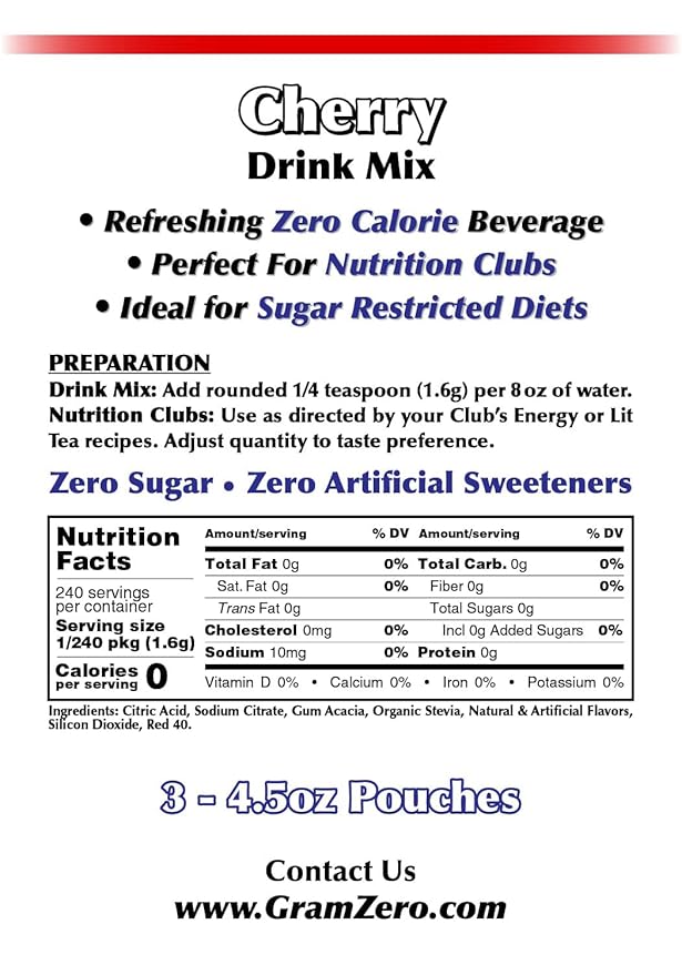 GramZero Cherry Zero Calorie Sugar Free Drink Mix, Great For Nutrition Club Loaded Teas, Stevia Sweetened