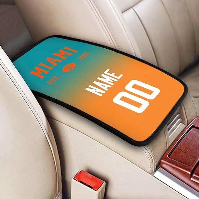 Custom Car Armrest Cover,Add Personalized Name and Number As Gifts for Loyal Football Fans,Auto Center Console Pad Car handrail Box Cushion,Fit for Most Car