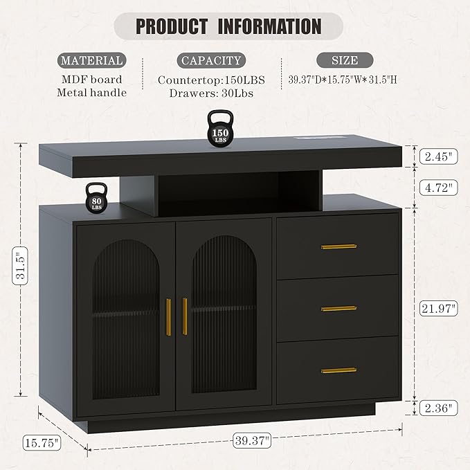 HWB LED Coffee Bar Cabinet - Sideboard Buffet withRGB Lights & Charging Station, Black