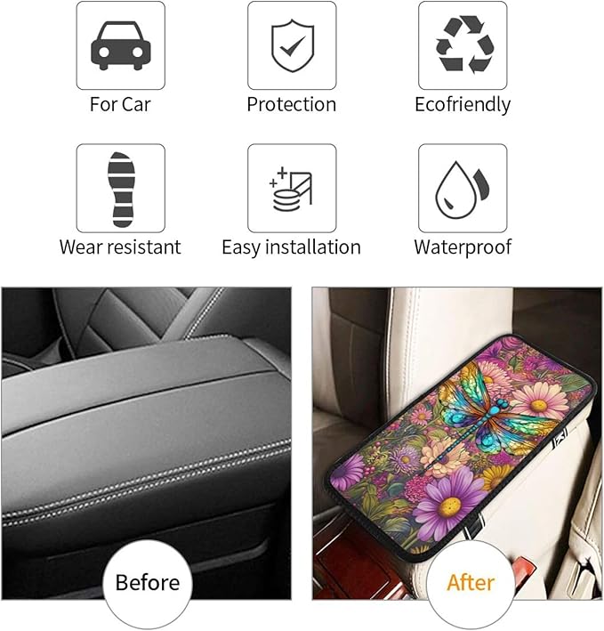 Universal Car Center Console Cushion Pad, Purple Flower Dragonfly Soft Waterproof Car Center Console Cover Auto Armrest Seat Box Cover Protector for Most Vehicle SUV Truck Car