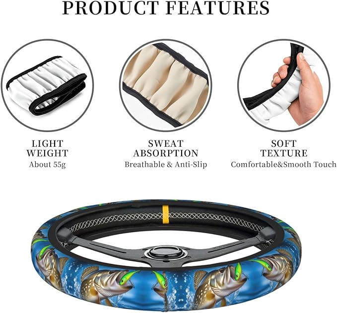 Walleye Fish Take The Bait Car Steering Wheel Cover, 15 Inch Steering Wheel Cover Stylish Decor for Most Cars