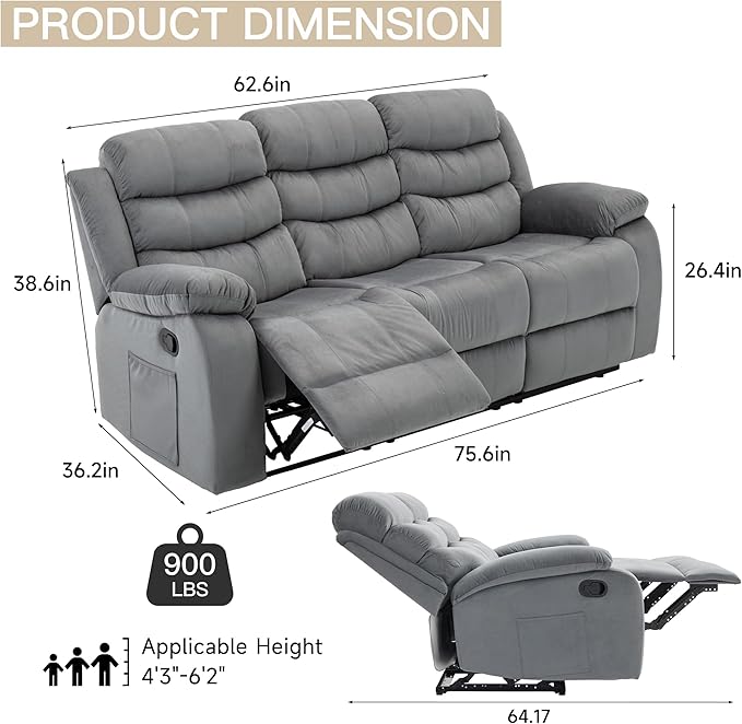 Reclining Sofa Set 3 Seater Couch Recliner, Velvet Wall Hugger Recliner Sofas for Living Room, RV, Home Theater Seating(Grey, 3 Seater Sofa)