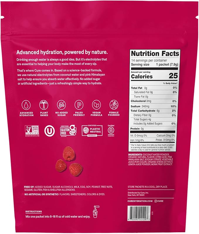 Cure Hydration | Plant-Based Electrolyte Drink Mix | No Added Sugar | Dehydration Relief Powder Made with Coconut Water | Non-GMO | Vegan | Pouch of 14 Packets - Raspberry