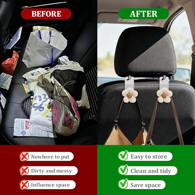 4PCS Car Headrest Hooks, Purse Hook for Car, Cute Flower Auto Backseat Organizer Hanger for Purse Grocery Bag Coat, Auto Seat Back Organizer Storage Hanger Holder Fit Vehicles (White/Beige)