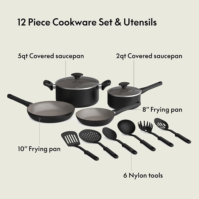 bella 12 Piece Cookware Set with EverGood™ Ceramic Nonstick Coating, Dishwasher & Oven Safe, All Stovetops Compatible, Tempered Glass Lids and Cool Touch Handles, Black