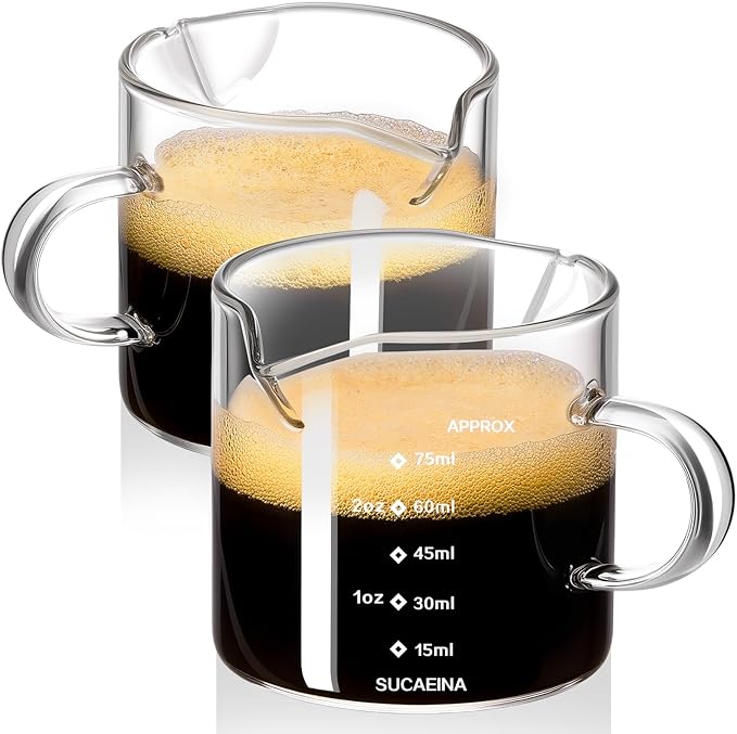 Espresso Cups Set of 2 with Handle, 2.5 OZ Double Spout Espresso Shot Cups Glass Measuring Cup with Dual Scale, Espresso Shot Glass with V-Shaped Mouth, Espresso Accessories