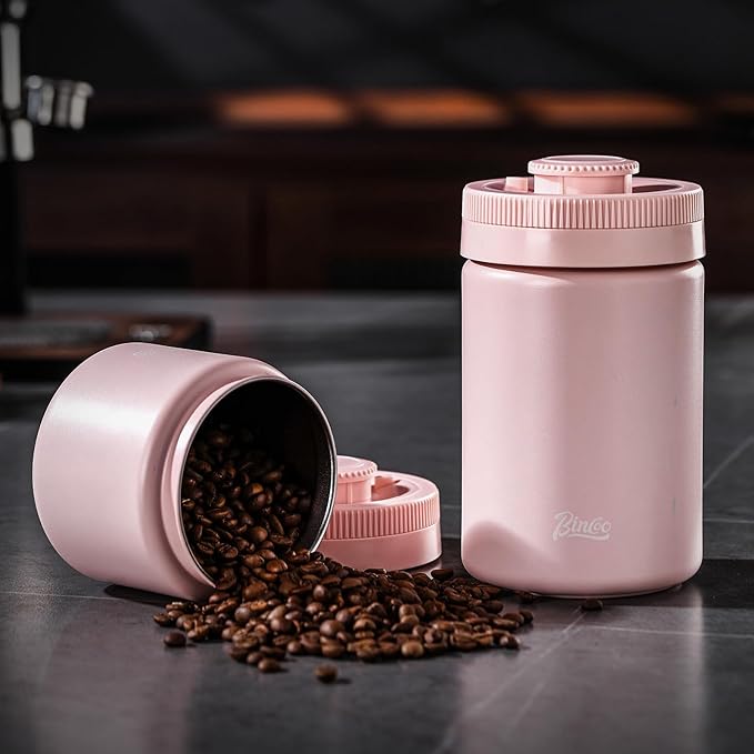 Bincoo Coffee Canister, Large Stainless Steel Coffee Bean Storage Container with Date Tracker, One-Touch Vacuum Seal Coffee Canister, Airtight Food Storage Container Freshness Kit for Coffee Beans
