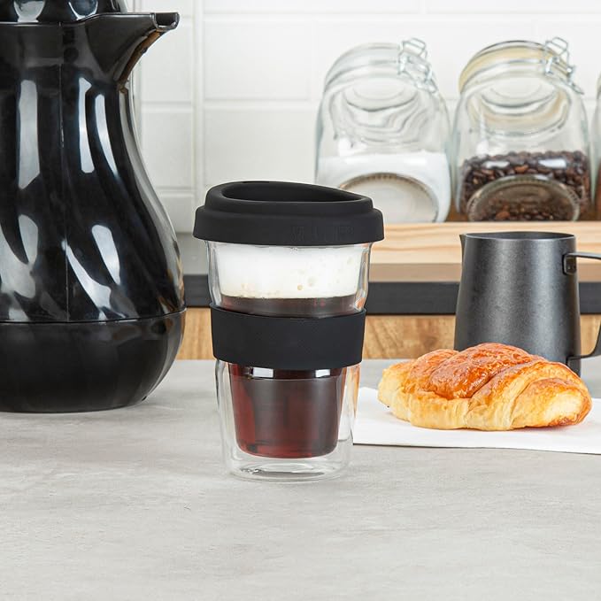 Restaurantware Glass Travel Mug 1 Count 14 Ounce Double Wall Borosilicate Reusable Coffee Cup, Spill-Resistant Black Silicone Lid, Clear Drinkware Mug for Hot and Cold Beverages
