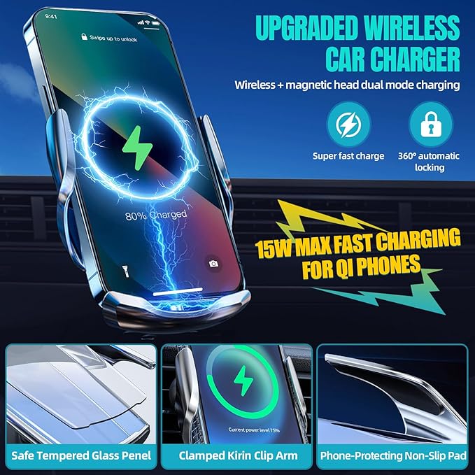 Wireless Car Charger, MAX 15W Fast Charging Auto Clamping, Sensing Phone Holder Mount, fit for iPhone 16 15 14 13 12 Pro Max Xs X, Samsung Galaxy S24 Ultra S23 S22 S21 S20 Note20 (1-Silver)