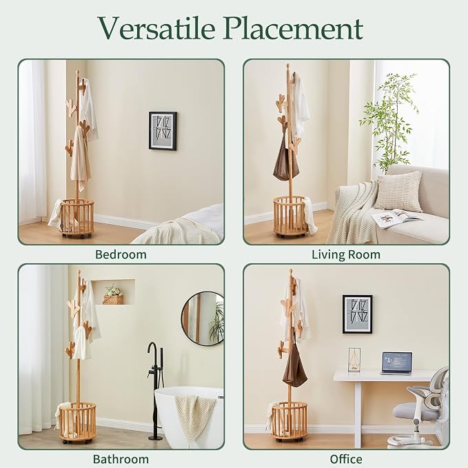 Wood Coat Rack with Umbrella Holder - Wooden Coat Tree Rack Freestanding Heavy Duty Stand with 12 Hooks, Rolling Hat Hanger Racks with Wheels for Bedroom Entryway Hallway Livingroom Corner (Natural)