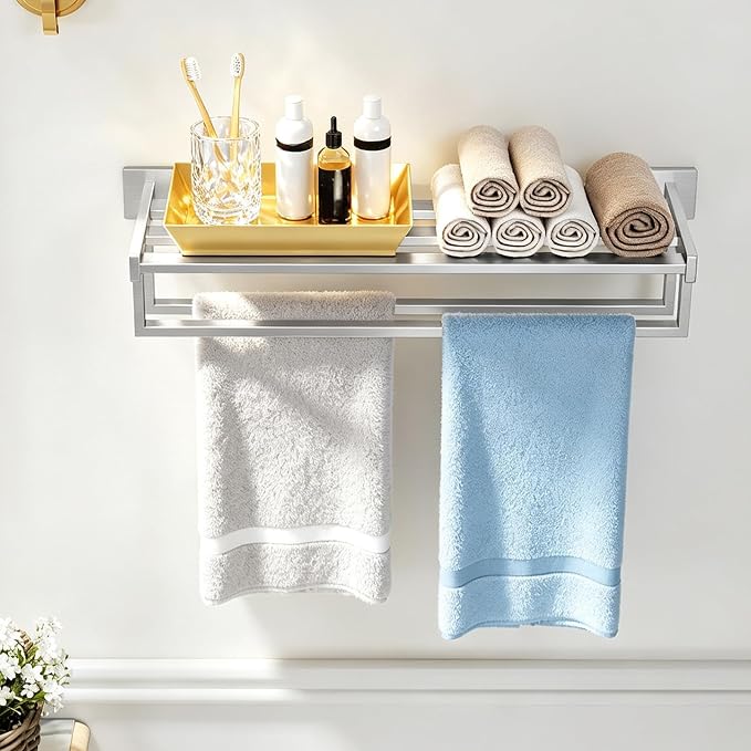 Towel Racks for Bathroom Wall Mounted, 24 Inch Double Towel Bar, Dual Towel Rack with Shelf, Stainless Steel Hand Towel Hanger, Bath Towel Holder for Wall, Brushed Nickel