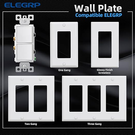ELEGRP Decorator Double Rocker Light Switch, Two Single Pole Electrical Paddle, 15A 120V, in-Wall On/Off, Self-Grounding, Wall Plate Included, UL Listed (1 Pack, Glossy White)