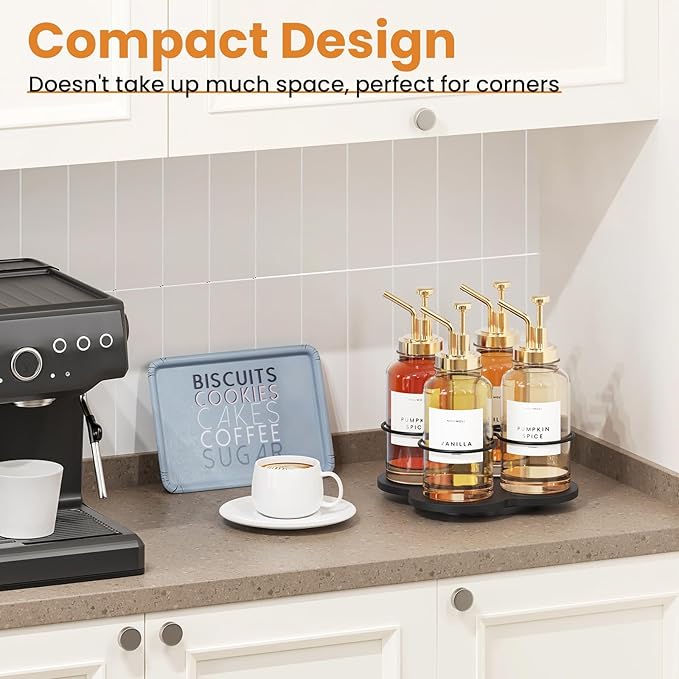 THYGIFTREE Rotating Coffee Syrup Organizer 4 Bottles Syrup Rack for Countertop Wood Bottle Holder Stand for Coffee Bar Station, Black