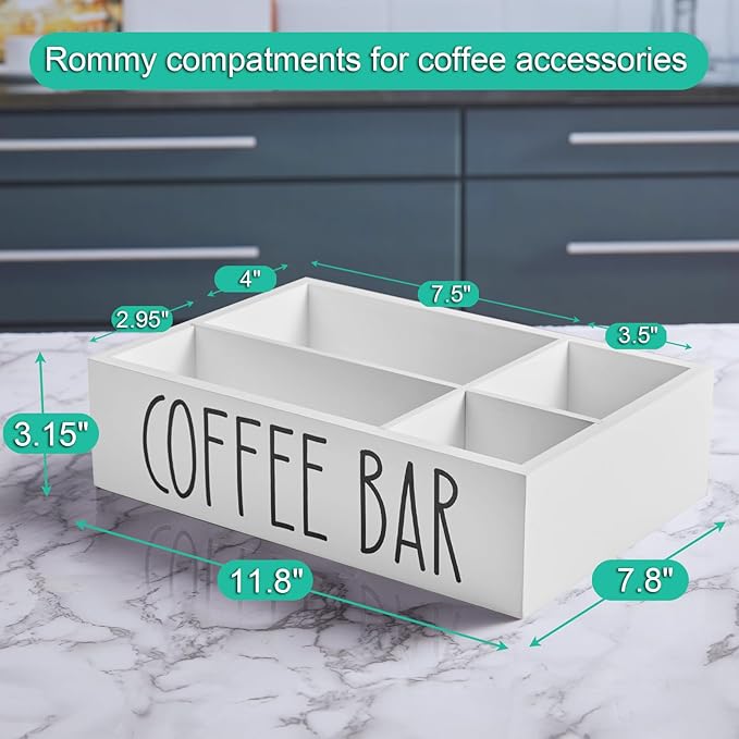 ALELION White Coffee Station Organizer with Removable Dividers – Wooden Coffee Bar Countertop Organizer for Pods, Stirrers, Sugar Packets & Lids, Kitchen, Office, Café Use