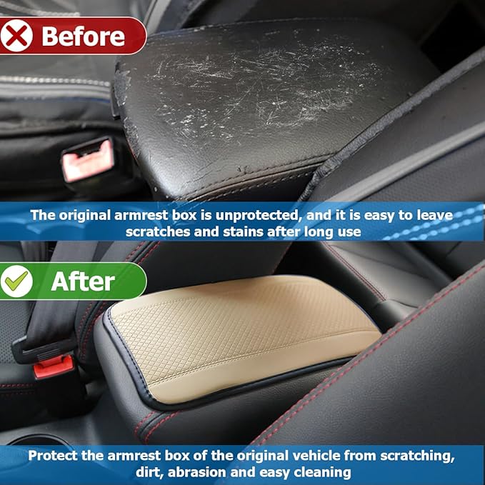 Armrest Pad for Car, PU Leather Auto Center Console Cushion Mat, Four Seasons Automotive Armrest Seat Box Cover, Universal Vehicle Interior Accessories for SUV, Truck, Van (Beige)
