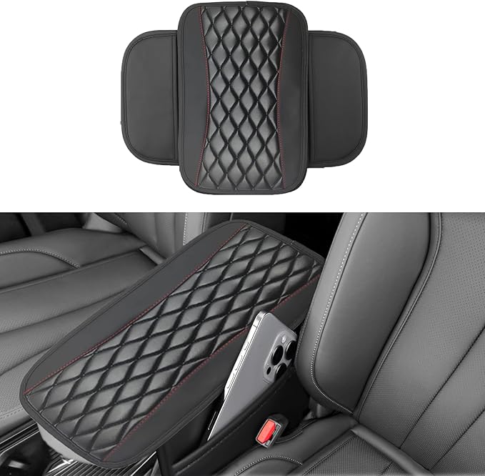 Car Center Console Cover with Side Storage Pockets, Universal Leather Waterproof Armrest Seat Box Cover Protector, Comfortable Car Decor Accessories Fit for Most Cars, Vehicles, SUVs (Black)