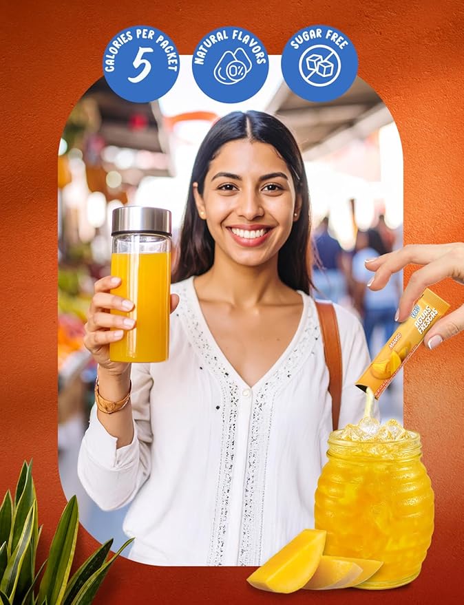 Klass Aguas Frescas, Powdered Drink Mix, 40 Singles Zero Sugar & Caffeine-Free Powder Packets, Water Drink Mix, Flavor: Mango - 5 Calories Per Packet & Natural Flavors