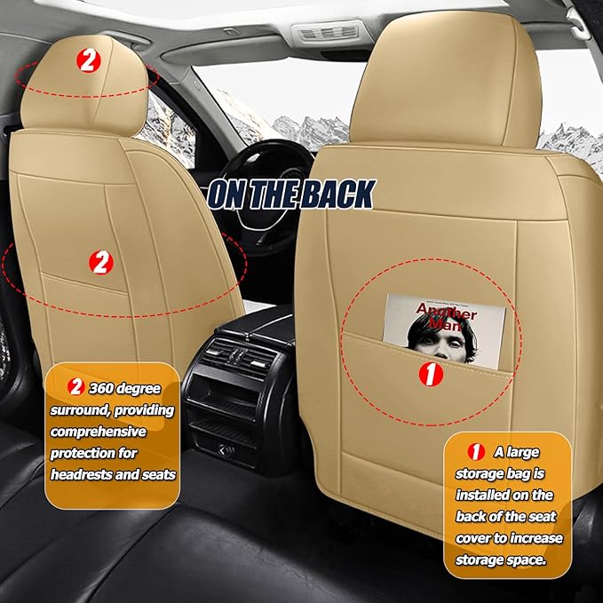 Universal Waterproof Nappa Leather Car Seat Covers - Full Set Protects & Keeps Front Rear Seats Clean - Comfortable & Fashionable Bucket Seat Protector Fits Most Cars, SUVs, Sedans -Beige